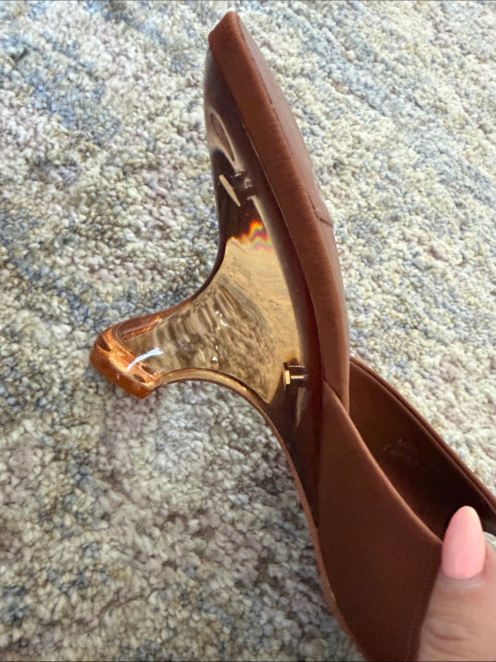 Jeffrey Campbell Brown Satin Slide Mules with Sculpted Clear Heel - Picture 8 of 9